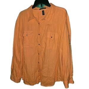 Lauren Ralph Lauren Women's 3X 100% Linen Orange Button-Up Roll Tab Sleeve